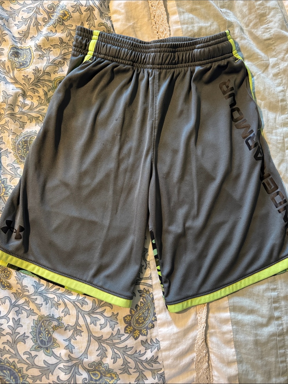 Under Armour Boy’s Charcoal Athletic Shorts with Neon Lime Accents